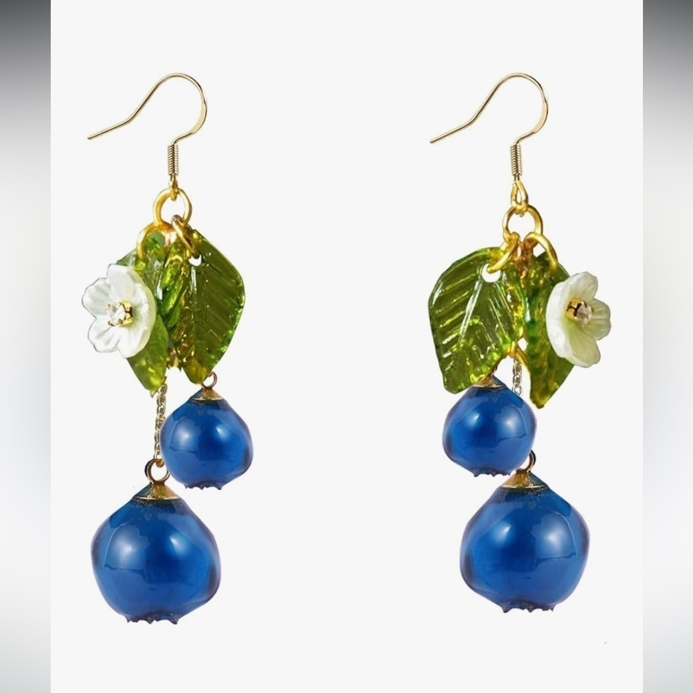 Blueberry with Green leaves and white flowers Earrings dainty feminine